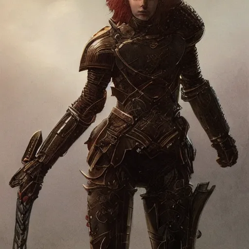 Image similar to young woman with short red hair, wearing black armour, bare legs, concept art, intricate details, highly detailed by greg rutkowski, michael whelan and gustave dore