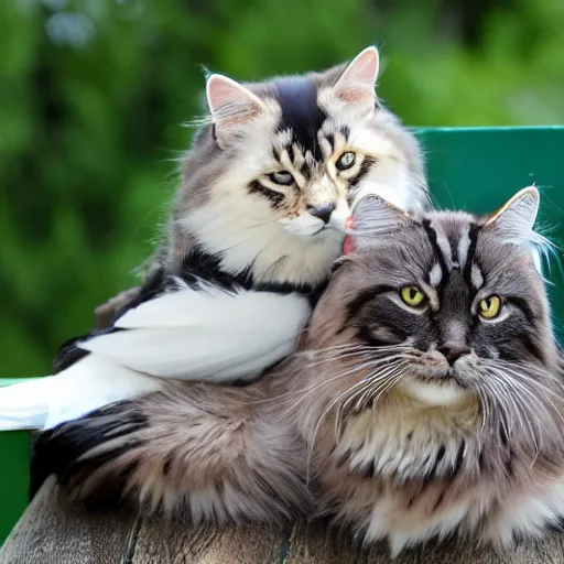 Prompt: siberian cat cuddling with magpie