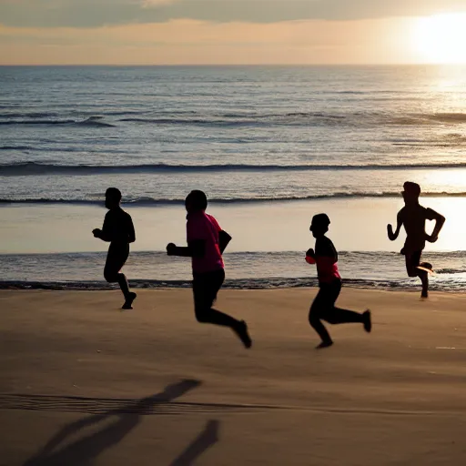 Prompt: people running on the beach in the morning