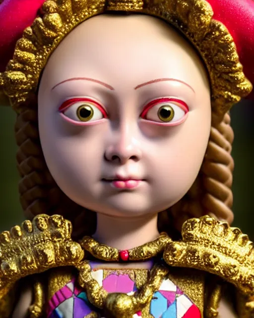 Image similar to closeup profile medieval jan van eyck face portrait of tin toy greta thunberg as a fairytale princess wearing a crown eating cakes in the castle, bikini, nicoletta ceccoli, mark ryden, lostfish, max fleischer, depth of field, detailed and intricate environment, 8 k resolution, hyperrealistic, octane render