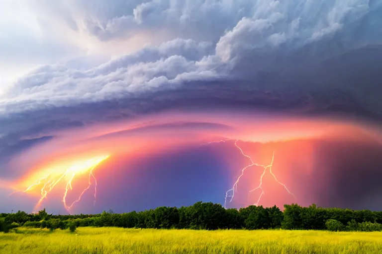 Image similar to a photo of a supercell thunderstorm, illuminated from various angles by the setting sun, cinematic