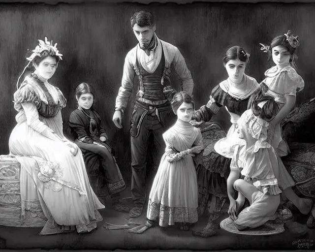 Image similar to black and white old photograph of a family in the 1 8 0 0 s, deep focus, d & d, fantasy, intricate, elegant, highly detailed, digital painting, artstation, concept art, matte, sharp focus, illustration, hearthstone, art by artgerm and greg rutkowski and alphonse mucha