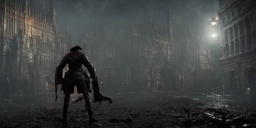 Image similar to duke nukem in bloodborne, realistic 4 k octane beautifully detailed render, 4 k post - processing, highly detailed, intricate complexity, epic composition, magical atmosphere, cinematic lighting, masterpiece, ultra hd