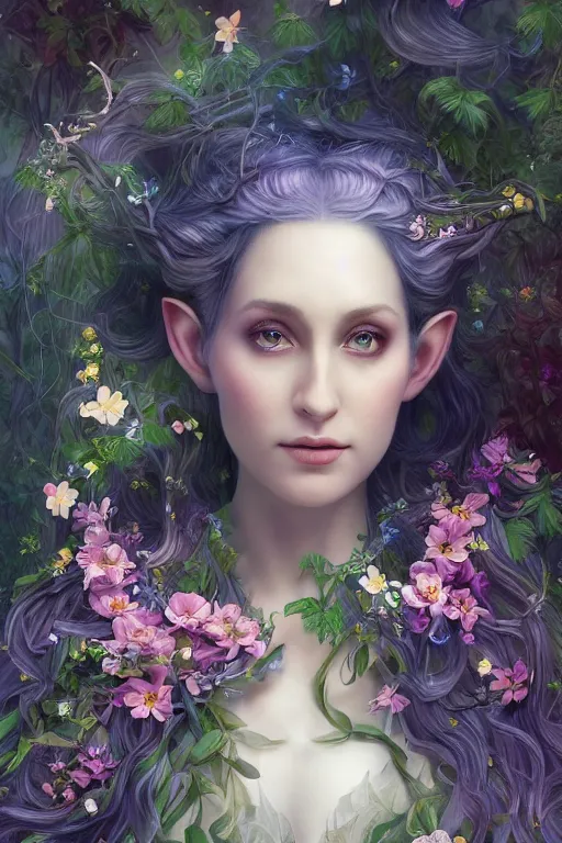 Prompt: a portrait of a beautiful elvish goddess with beautiful flowers composition in her hairs, hairs shining , fairy-like , 8k, highly detailed, sharp focus, ethereal clothes, astral environment, in style of Anna Dittmann and Mark Arial and Artgerm and Gerald Brom