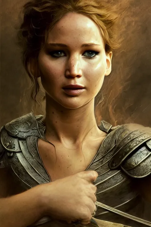 Image similar to jennifer lawrence, legendary warrior, heroic fighter, lord of the rings, tattoos, decorative ornaments, battle armor, omar ortiz, carl spitzweg, ismail inceoglu, vdragan bibin, hans thoma, greg rutkowski, alexandros pyromallis, perfect face, sharply detailed, centered, rule of thirds, realistic shading, photorealism