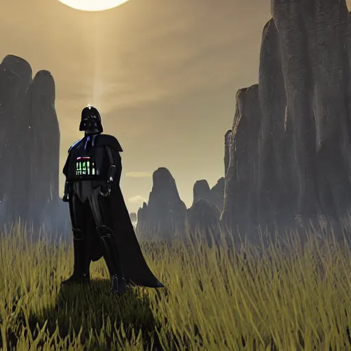 Prompt: darth vader peering into the distance in the breath of the wild, in - game render, cell - shading, wide angle shot