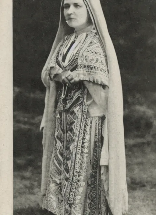 Image similar to vintage photo of a beautiful Romanian woman in traditional clothing standing near a pilar, 1911