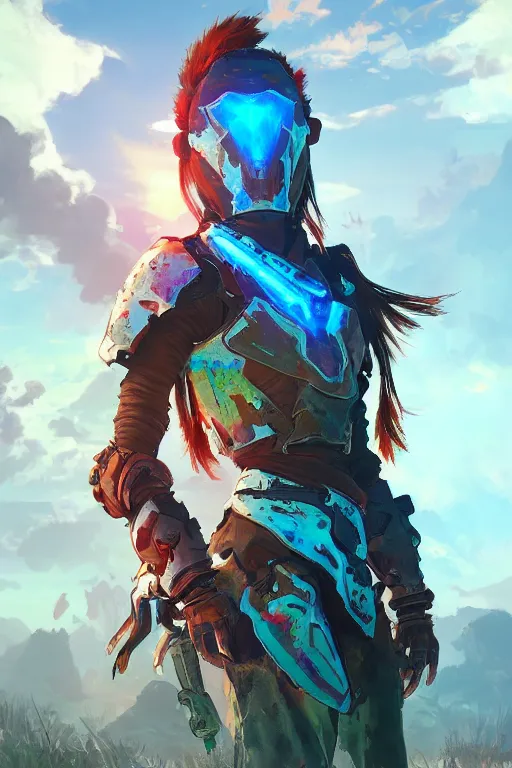 Image similar to combination suit armor aloy horizon forbidden west horizon zero dawn radiating a glowing aura global illumination ray tracing hdr fanart arstation by ian pesty and alena aenami artworks in 4 k tribal robot ninja mask helmet backpack