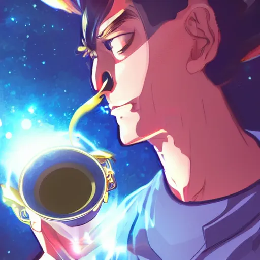 Prompt: A man drinking a cup of cosmic energy bright light, illustration, anime style, Artgerm, 4k, digital art, surreal, anime style, space dandy style, highly detailed, godsend, artstation, digital painting, concept art, smooth, sharp focus,