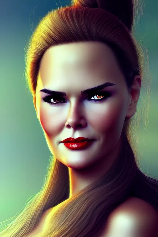 Image similar to mix of beautiful young maria shriver, mariel hemmingway, brooke shields, nicole kidman and elle macpherson as a snake girl with fangs, thin lips, hair tied up in a pony tail, dark blonde hair, colorful, artstation, cgsociety