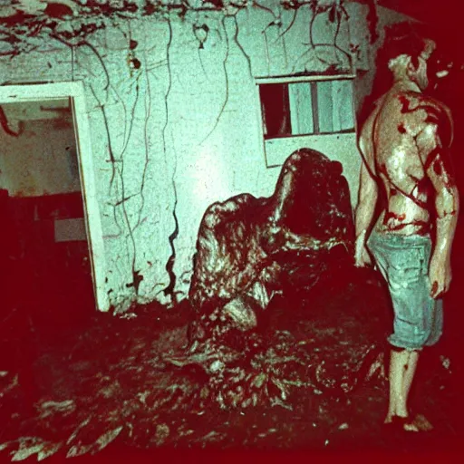 Image similar to 1 9 9 3, disposable camera, flash, old abandoned house, mutant creature standing, meat, ooze, slime, veins, wet