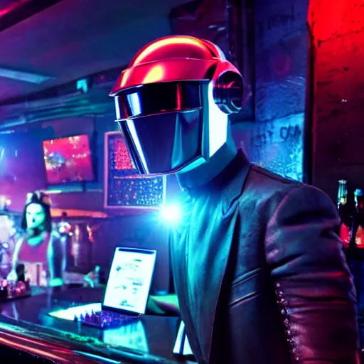 Prompt: rundown cyberpunk bar, with daft punk singing karaoke on the stage