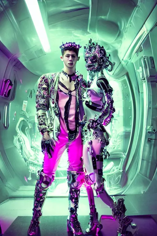 Prompt: full-body rococo and cyberpunk style neon statue of a young attractive Nick Jonas macho dotado e rico android sim roupa reclining con las piernas abertas e la piroca dura, glowing white laser eyes, prince crown of pink gears, diamonds, swirling silver-colored silk fabric. futuristic elements. full-length view. space robots. human skulls. intricate artwork by caravaggio. Trending on artstation, octane render, cinematic lighting from the right, hyper realism, octane render, 8k, depth of field, 3D