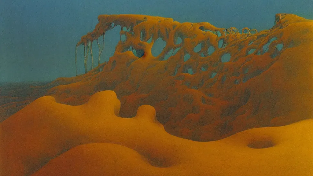 Image similar to scary landscape, surrealism, bright color pallet, painted by zdzisław beksinski