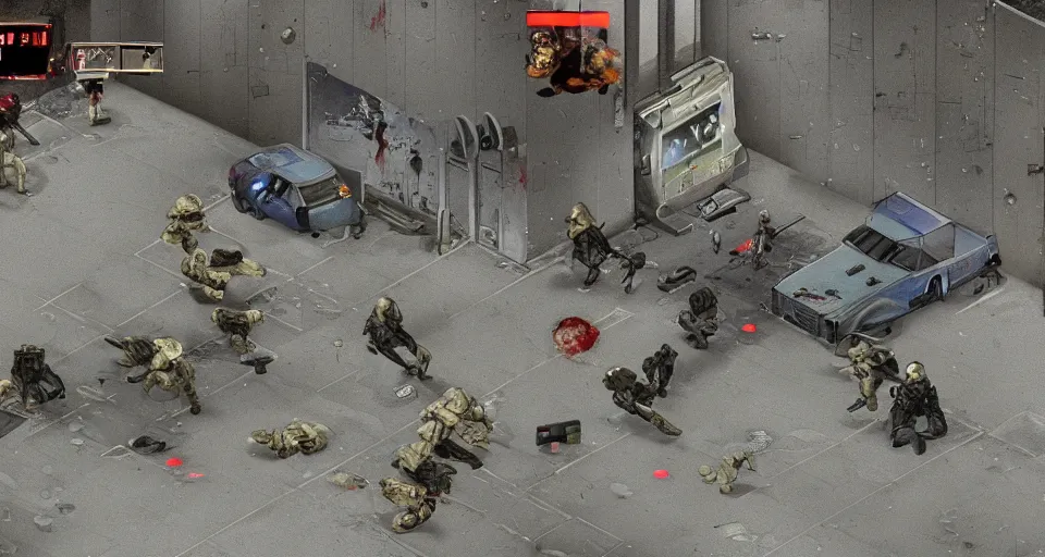 Image similar to 1996 Video Game Screenshot of Neo-tokyo Cyborg bank robbers vs police, Set inside of Parking Garage, Dark, Multiplayer set-piece Ambush, Tactical Squads :10, Police officers under heavy fire, Suppressive fire, Pinned down, Destructible Environments, Gunshots, Headshot, Bullet Holes and Anime Blood Splatter, :10 Gas Grenades, Riot Shields, MP5, AK45, MP7, P90, Chaos, Anime Machine Gun Fire, Gunplay, Shootout, :14 FLCL + Akira, Cel-Shaded:15, Created by Katsuhiro Otomo + Studio Gainax + Trending on Artstation: 20