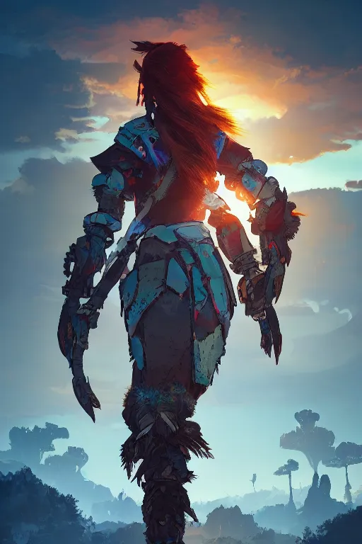 Image similar to combination suit armor aloy horizon forbidden west horizon zero dawn radiating a glowing aura global illumination ray tracing hdr fanart arstation by ian pesty and alena aenami artworks in 4 k tribal robot ninja mask helmet backpack