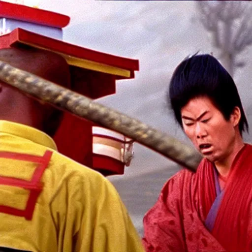 Image similar to scene from Kagemusha, 1980, movie still, cinematic, a samurai eating a hot dog, mustard and ketchup,