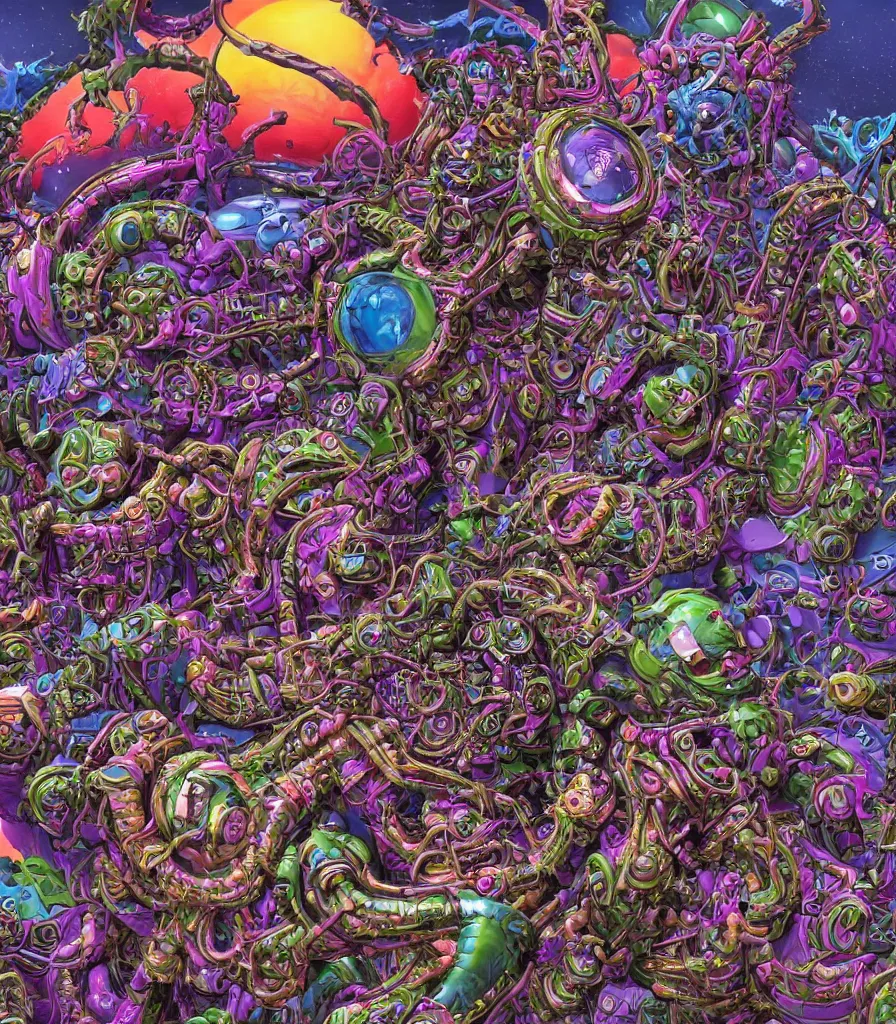 Image similar to hyper-maximalist lowbrow style overdetailed 3d sculpture of a monster by clogtwo and ben ridgway inspired by beastwreckstuff chris dyer and jimbo phillips. Cosmic horror infused retrofuturist style. Hyperdetailed high resolution. Render by binx.ly in discodiffusion. Dreamlike surreal polished render by machine.delusions. Sharp focus.