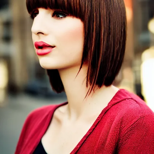 Image similar to fashion model short hair bangs looking into lens heavy bokeh modern fashion look