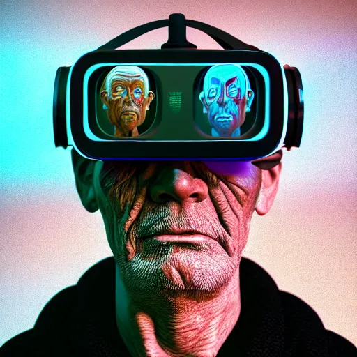 Image similar to Colour Photography of 1000 years old man with highly detailed 1000 years old face wearing higly detailed cyberpunk VR Headset designed by Josan Gonzalez . in style of Josan Gonzalez and Johannes Vermeer and Mike Winkelmann and Caspar David Friedrich. Rendered in Blender