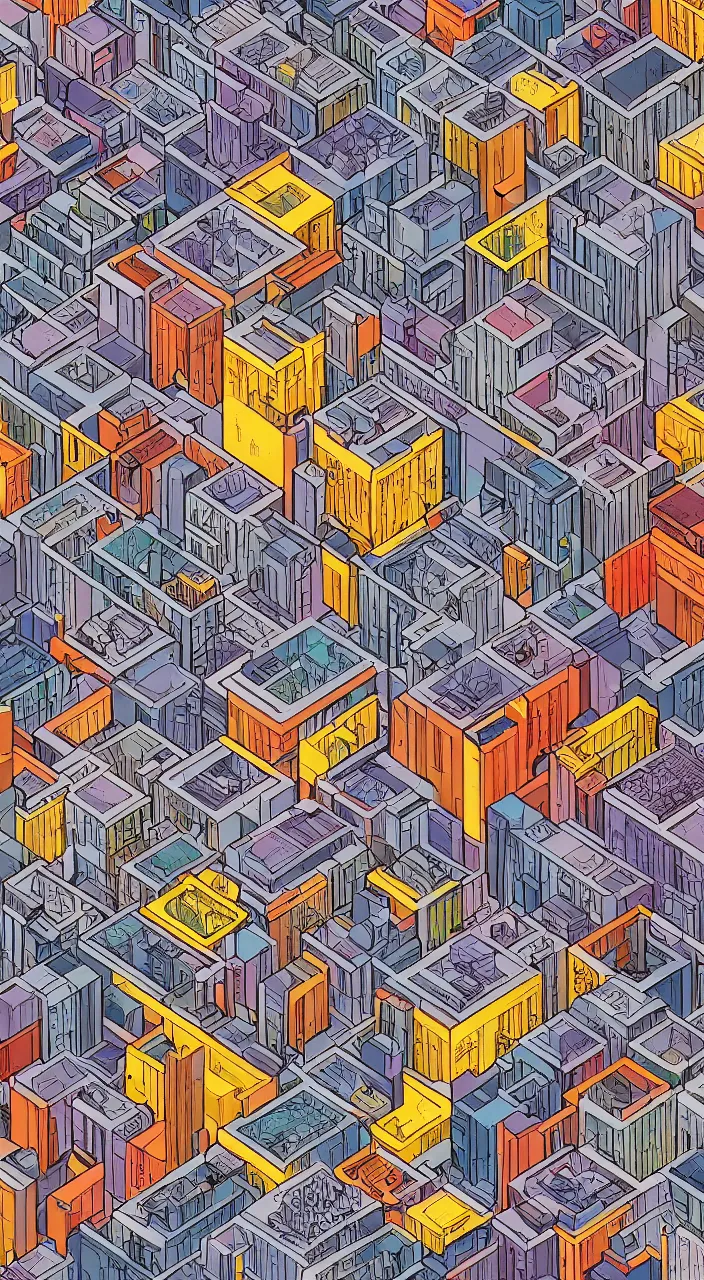 Image similar to isometric drawing of a fictional dense city, in style of rem koolhaas, peter eisenman, warm color palette, very detailed, very elaborate