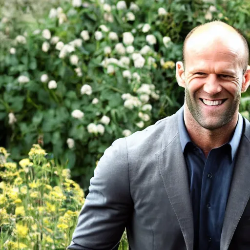 Image similar to professional photograph of Jason Statham smiling in a garden