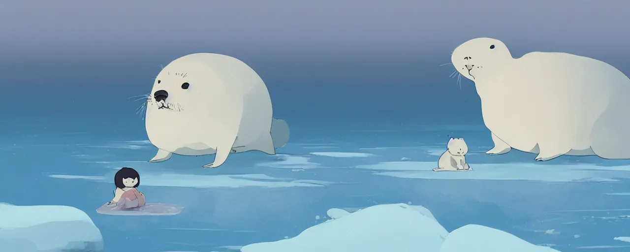 Image similar to a baby harp seal and mother on an ice flow, atey ghailan, goro fujita, studio ghibli, rim light, exquisite lighting, clear focus, very coherent,