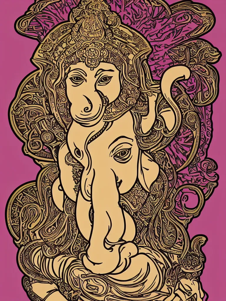 Prompt: portrait of ganesha art by alphonse mucha sticker, colorful, illustration, highly detailed, art nouveau, simple, smooth and clean vector curves, no jagged lines, vector art, smooth