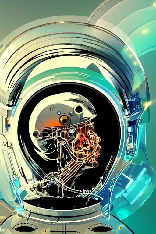 Prompt: a biomechanical head inside a futuristic space helmet, vintage transistors, white plastic, iridescent visor, nebulous gas background, vibrant, emotional, art by Petros Afshar