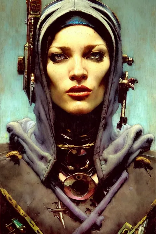 Image similar to full character portrait max mad cyberpunk warhammer 4 0 k, barbarian medic not the girl with the pearl earring character design, painting by gaston bussiere, katsuya terada, nc wyeth, greg rutkowski, craig mullins, vermeer, frank frazetta, mucha, tom of finland, trending on artstation, jeffery catherine jones