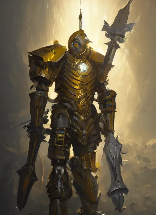 Image similar to dynamic abstract portrait of a intricate glorious holy mechanical warforged character in yellow armor holding a paladin engraved great longsword drawn and carrying a big paladin shield, spotlight from face , epic , trending on ArtStation, masterpiece, cinematic lighting, by Greg Rutkowski and by Ross Tran
