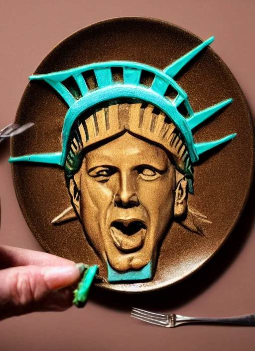 Image similar to Tom Waits eating a miniature Statue of Liberty on a plate in a restaurant, color photograph portrait 4k