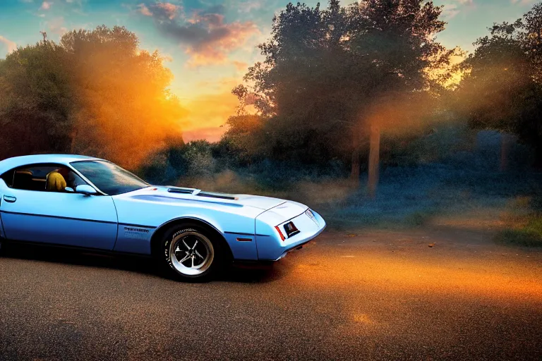 Image similar to pontiac firebird with grafitti tag on side, sunrise, dramatic, cinematic, forest, sunbeams, volumetric lighting, wide shot, low angle, realistic pokemon creatures looking at car, pokemon