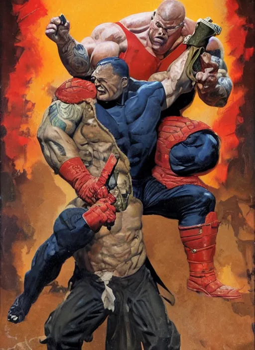 Image similar to full body and head portrait of hulking martyn ford wearing a trench coat as juggernaut, dynamic action painted by norman rockwell and phil hale and greg staples and tom lovell and frank schoonover and jack kirby