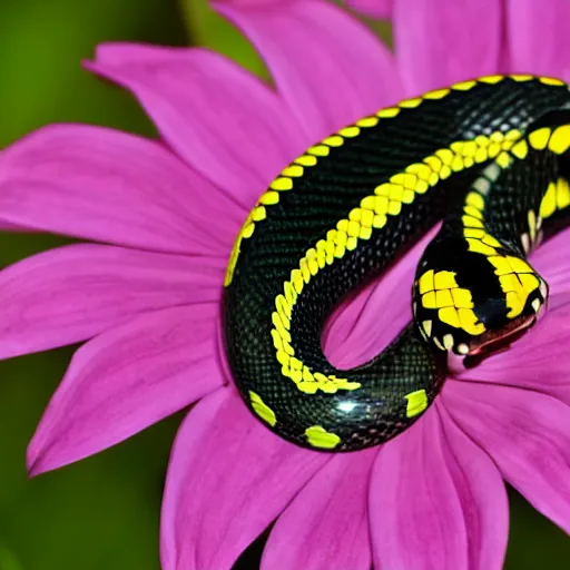 Image similar to checkered garter snake smelling a flower in the style of anime, cute