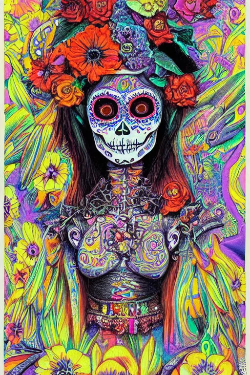 Image similar to realistic detailed psychedelic poster art of a cute Día de los Muertos girl by Victor Moscoso Rick Griffin Art Noveau, masterpiece