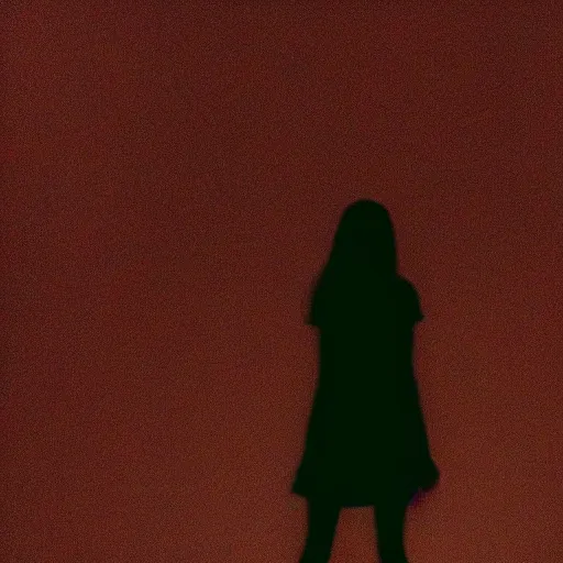 Image similar to dim lights shining through dark fog, emptiness, silhouette of a girl standing small, dress, psychedelic, spooky found footage, dramatic contrast, vast empty hall, trending on artstation