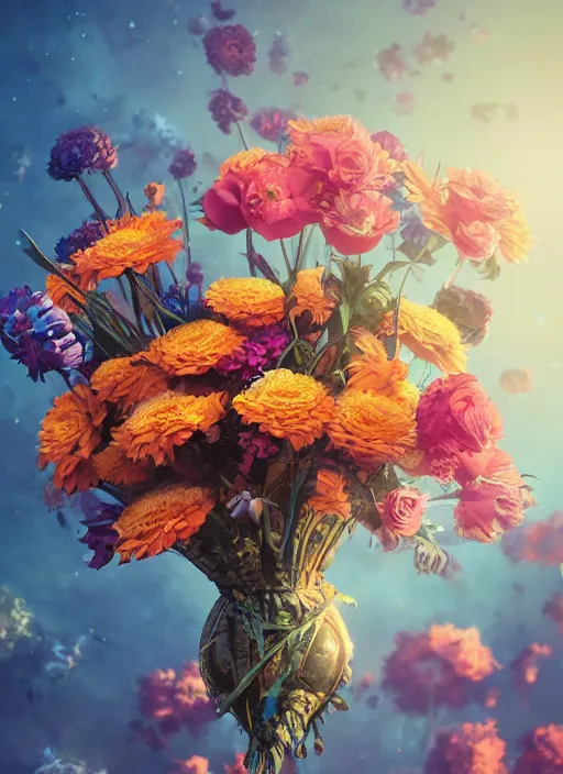 Prompt: An epic fantastic realism comic book style painting of the most beautiful flowers launched across the galaxy, bouquets, fisheye lens, unreal 5, DAZ, hyperrealistic, octane render, dynamic lighting