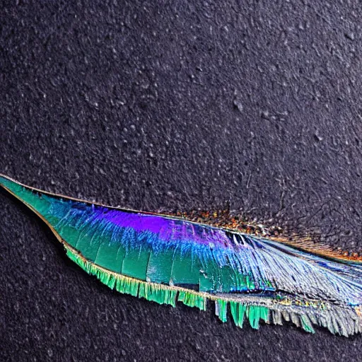 Image similar to a bird feather dipped in oil slick tar