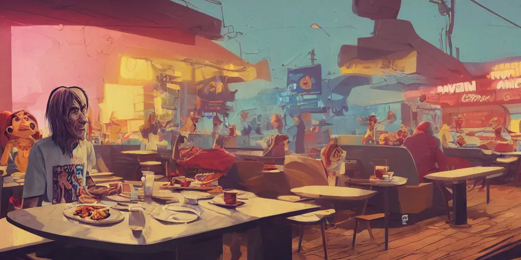 Image similar to cartoonish iggy pop having breakfast at the drive inn, vivid colors, character sheet, fine details, concept design, contrast, kim jung gi, greg rutkowski, trending on artstation, 8 k, full body, turnaround, front view, back view, ultra wide angle