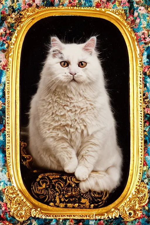 Image similar to a magnificent tintype portrait of a fluffy fat cat on an embroidered velvet cushion on a neo - rococo gilded little bed with precious stones, ball of yarns all around, by david lachapelle, photorealistic, photography, wide shot, silly looking