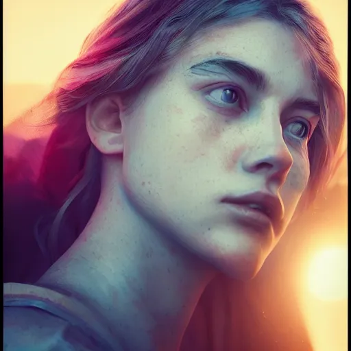 Image similar to portrait art of female angel by Alessio Albi 8k ultra realistic , lens flare, atmosphere, glow, detailed,intricate, full of colour, cinematic lighting, trending on artstation, 4k, hyperrealistic, focused, extreme details,unreal engine 5, cinematic, masterpiece