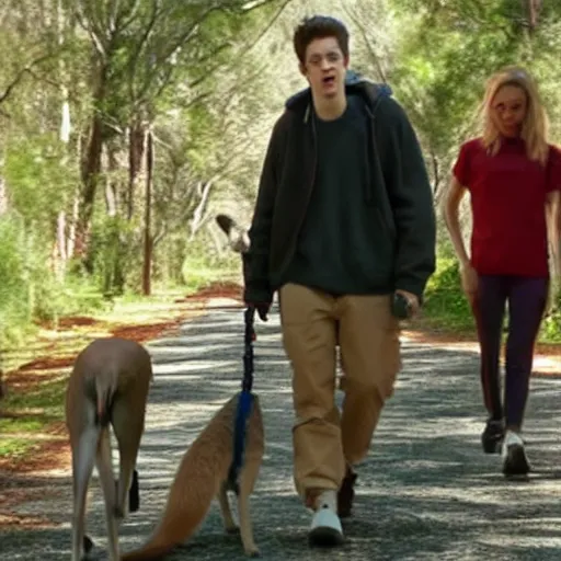 Image similar to Pete Davidson!!! walking a kangaroo, still from a 4k movie,