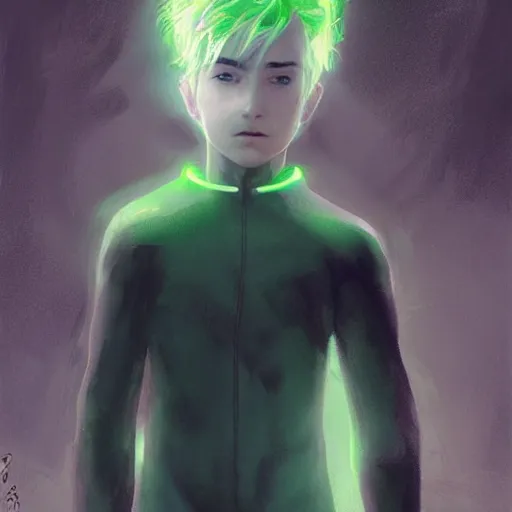 Image similar to a 14 year old teenage ghost boy with pale skin white hair and glowing green eyes. Wearing a black spandex suit. White breath showing in the cold air. Kuvshinov ilya. Ruan Jia. By Greg Rutkowski