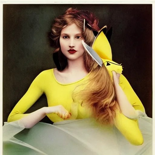 Image similar to elegant woman dressed up as pikachu, art photo by Annie Liebovitz and David Hamilton and Alphonse Mucha