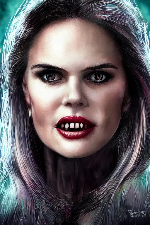 Image similar to mix of beautiful young maria shriver, mariel hemmingway, brooke shields, nicole kidman and elle macpherson as a vampire with mouth open with sharp teeth, thin lips, hair tied up in a pony tail, dark blonde hair, colorful, artstation, cgsociety