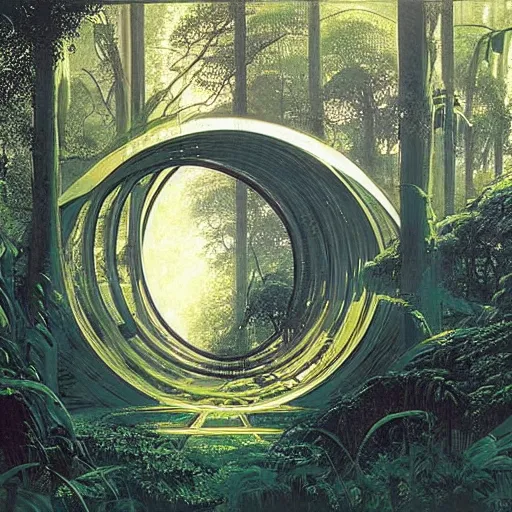 Prompt: portal in a middle of a lush futuristic forest, syd mead, john harris