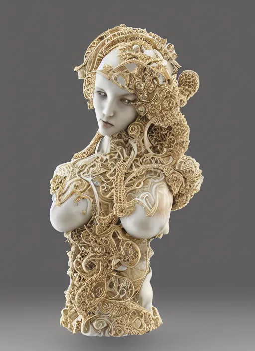 Image similar to marble sculpture of beautiful woman, mandelbulb, hypercube, ivory carving, fractal paisley inlay, lace, intricate, elegant, highly detailed, gold inlay, metallic, ivory, artgerm, lace, by ruan jia, greg rutkowski, mucha, zbrush, nick alm