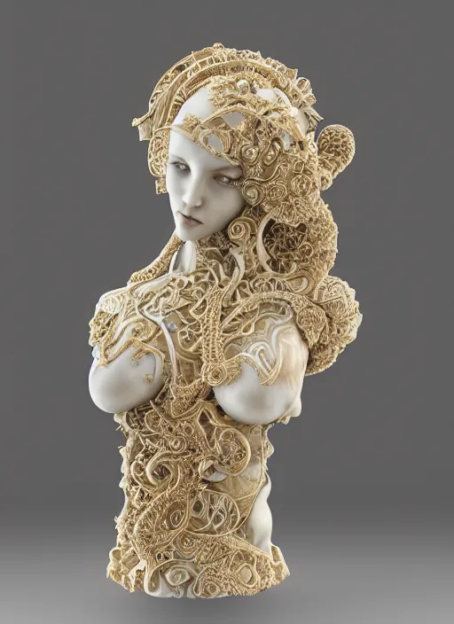 Prompt: marble sculpture of beautiful woman, mandelbulb, hypercube, ivory carving, fractal paisley inlay, lace, intricate, elegant, highly detailed, gold inlay, metallic, ivory, artgerm, lace, by ruan jia, greg rutkowski, mucha, zbrush, nick alm