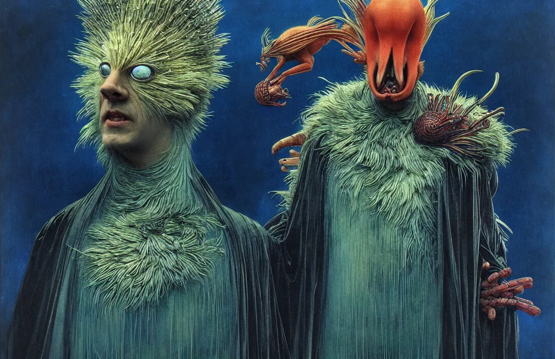 Image similar to realistic detailed portrait movie shot of a birdman wearing black reflective robes, sci fi city landscape background by denis villeneuve, amano, yves tanguy, alphonse mucha, ernst haeckel, max ernst, roger dean, masterpiece, rich moody colours, blue eyes, snarling dog teeth
